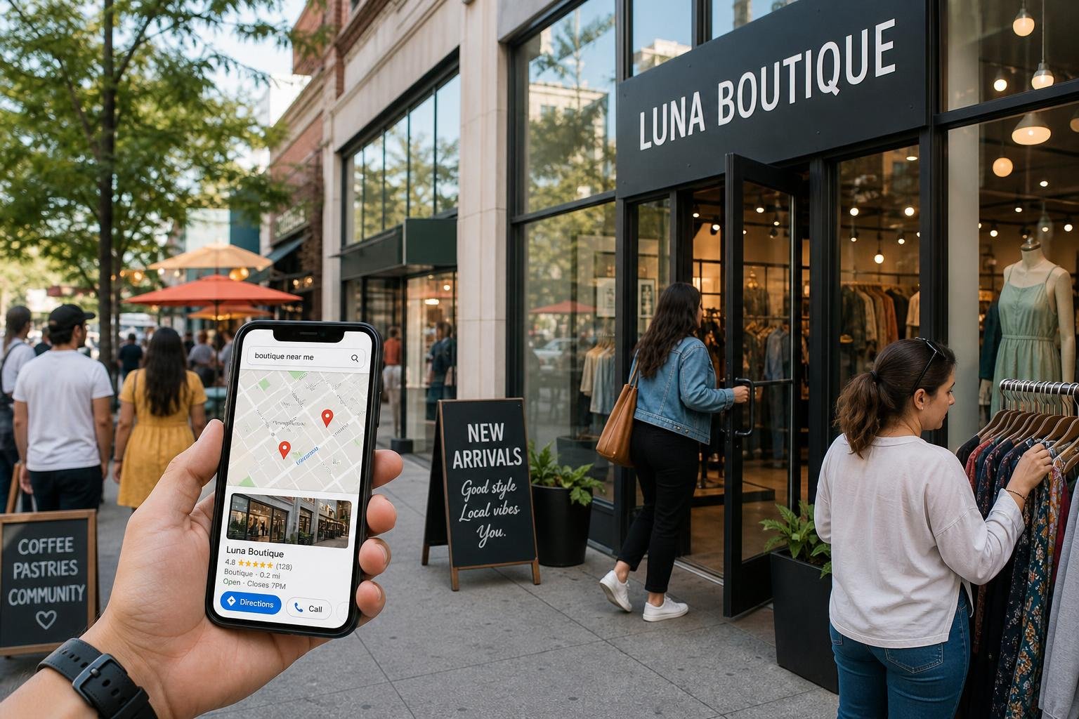 A busy small business storefront with customers and smartphones showing location apps in a lively urban neighborhood.